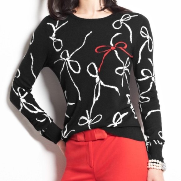 Ann Taylor Factory Wool Blend Pullover Black With Bow Designs Sweater Women;s XS - Picture 3 of 12